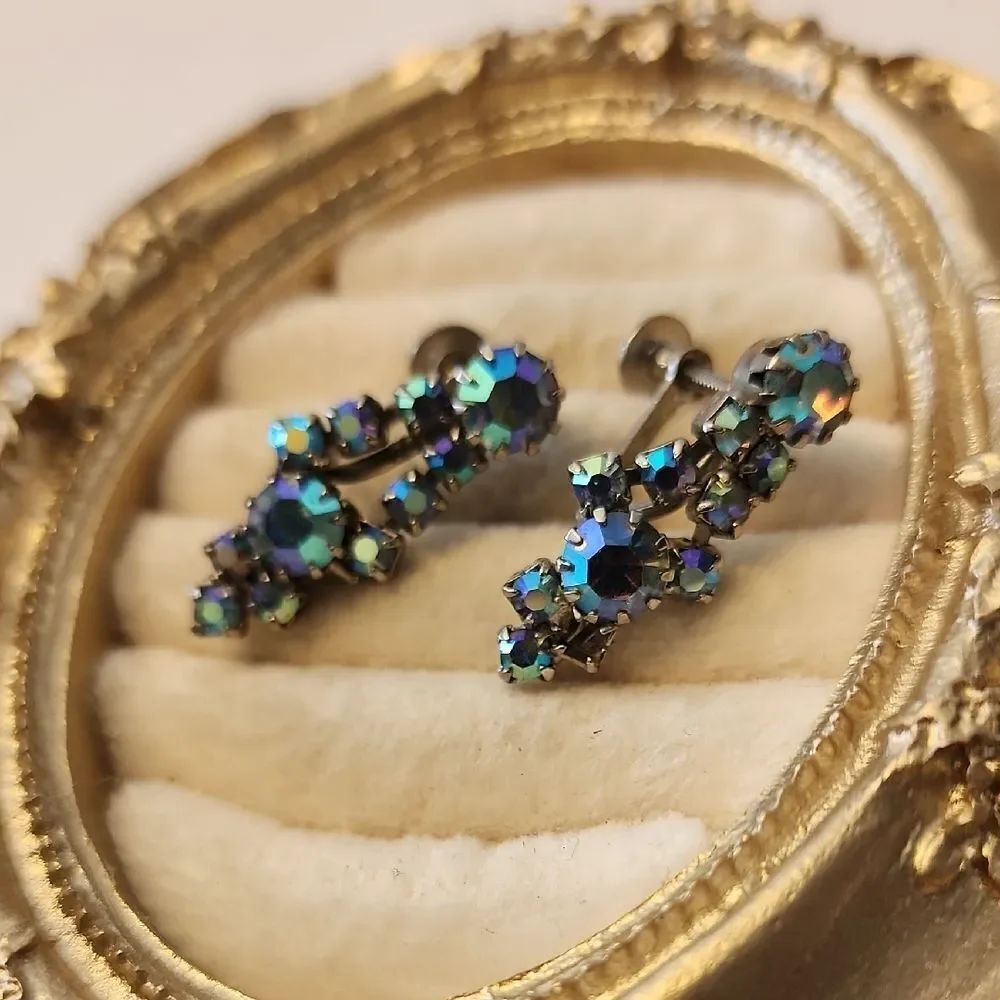 Vintage Blue AB Rhinestone Earrings Screw Back
